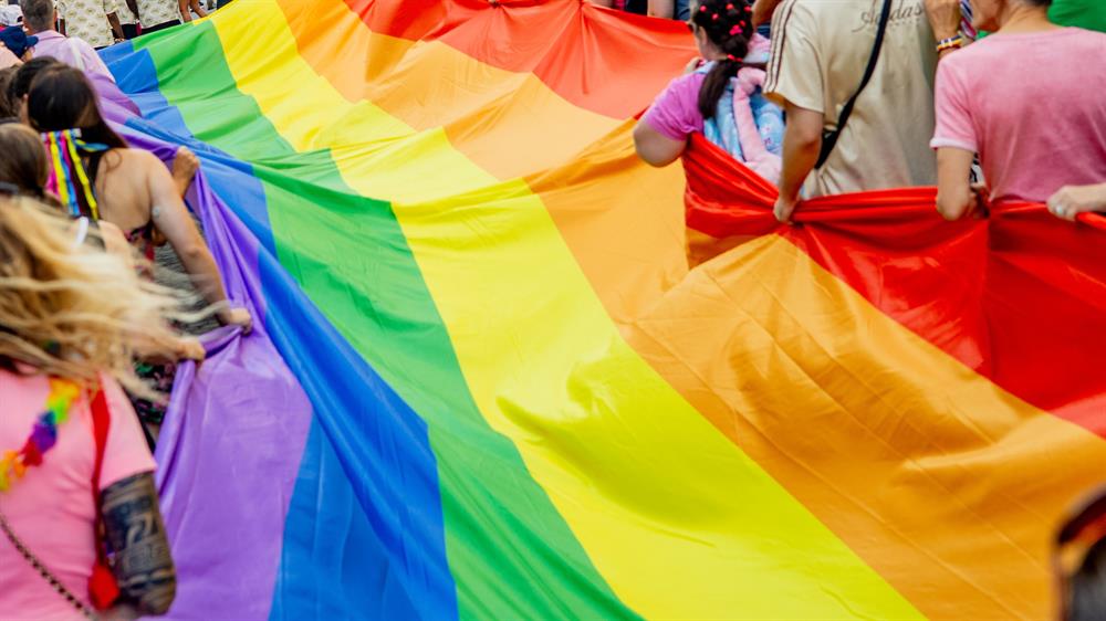 Deelnemers lopen mee tijdens de Pride Walk in Hoorn tijdens de Regenboogweek, met regenboogvlaggen en aandacht voor inclusiviteit.