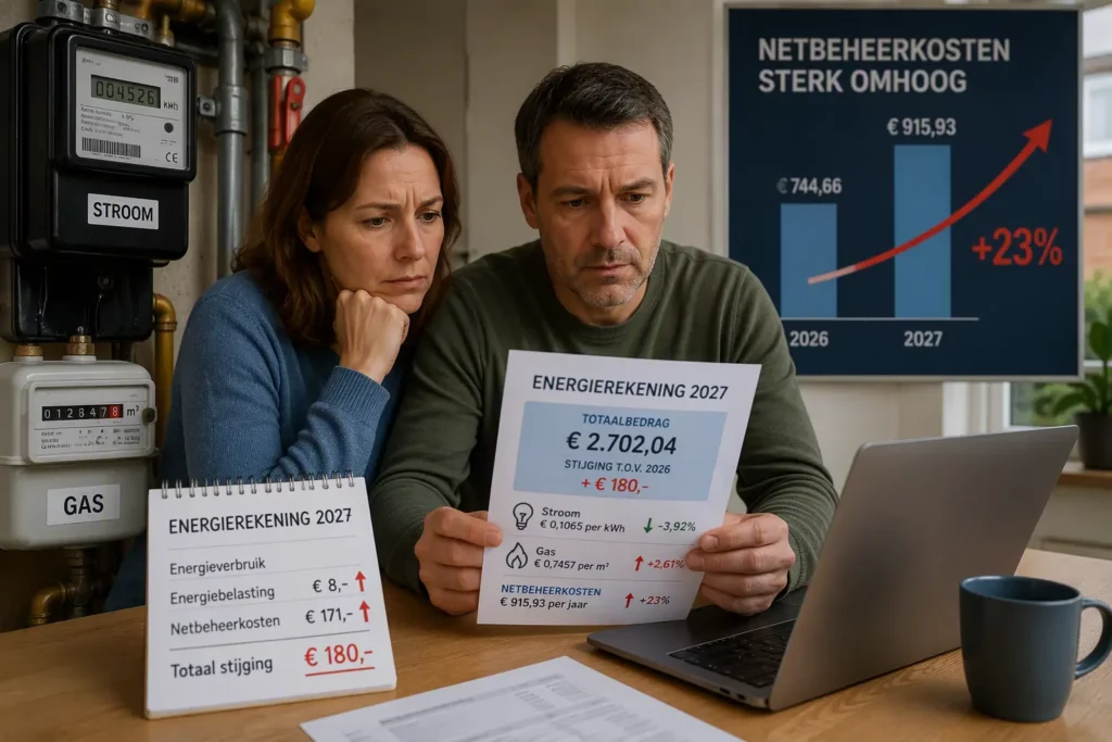 Huishouden bekijkt energierekening terwijl gas- en stroommeters zichtbaar zijn, met stijgende netbeheerkosten op de achtergrond.