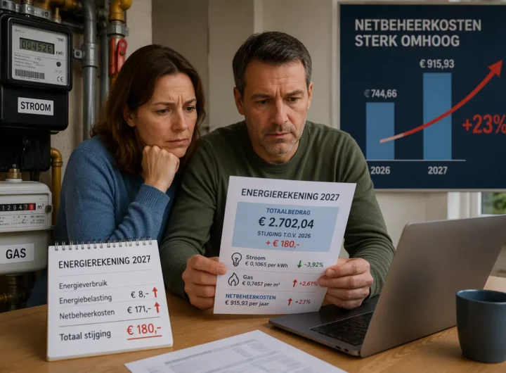 Huishouden bekijkt energierekening terwijl gas- en stroommeters zichtbaar zijn, met stijgende netbeheerkosten op de achtergrond.