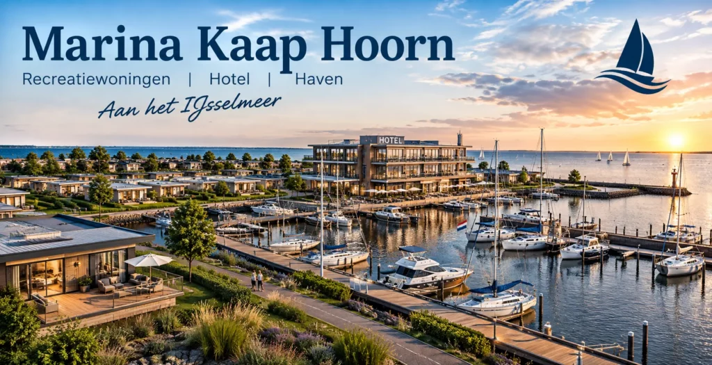 Impressie van Marina Kaap Hoorn met recreatiewoningen, hotel en haven aan het IJsselmeer.