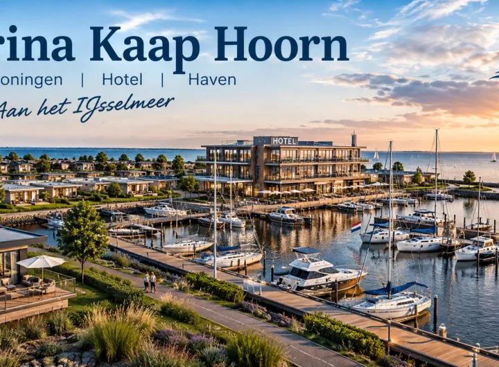 Impressie van Marina Kaap Hoorn met recreatiewoningen, hotel en haven aan het IJsselmeer.