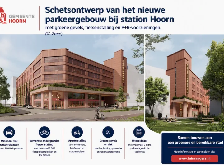 Schetsontwerp van het nieuwe parkeergebouw bij station Hoorn met groene gevels, fietsenstalling en P+R-voorzieningen.