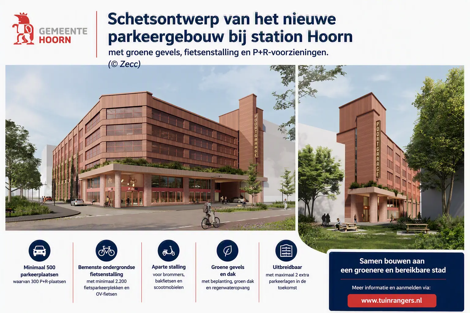 Schetsontwerp van het nieuwe parkeergebouw bij station Hoorn met groene gevels, fietsenstalling en P+R-voorzieningen.