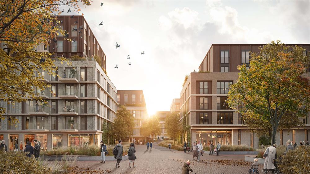 Sfeerimpressie woningen en supermarkt BuitenStad