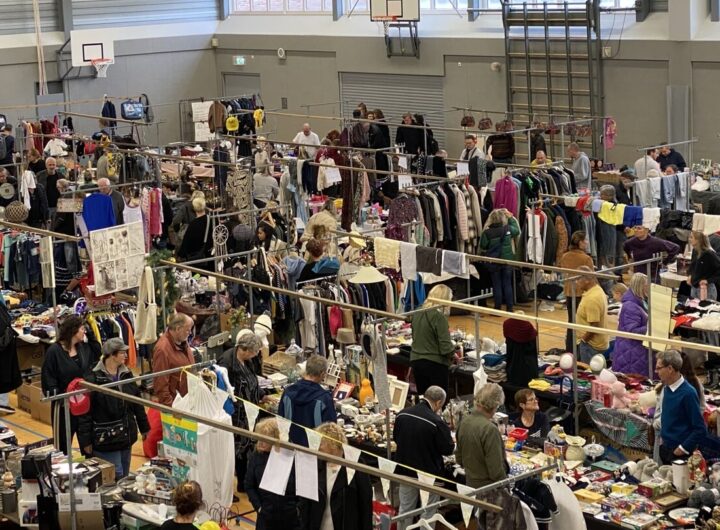 Bezoekers struinen langs kraampjes op een drukbezochte vlooienmarkt in Sporthal De Kreek in Zwaag.