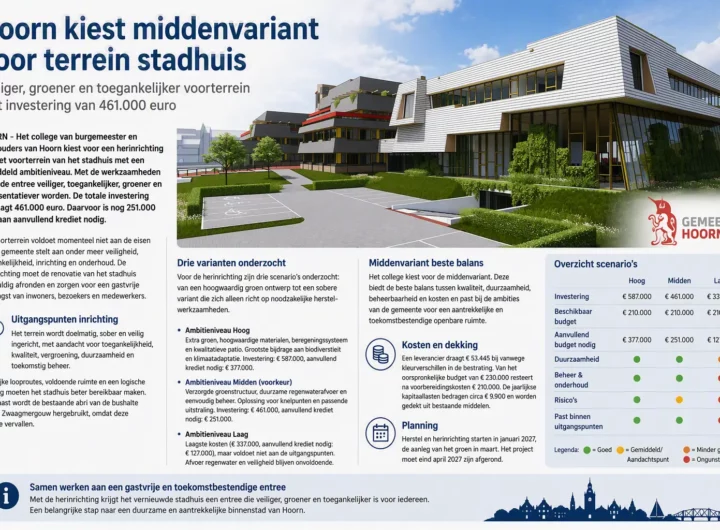 Voorterrein van het stadhuis in Hoorn dat veiliger, groener en toegankelijker wordt ingericht.