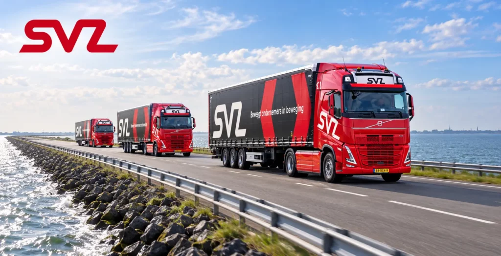 Vrachtwagens op de Houtribdijk tussen Enkhuizen en Lelystad, die vanaf 21 oktober gesloten wordt voor zwaar vrachtverkeer.
