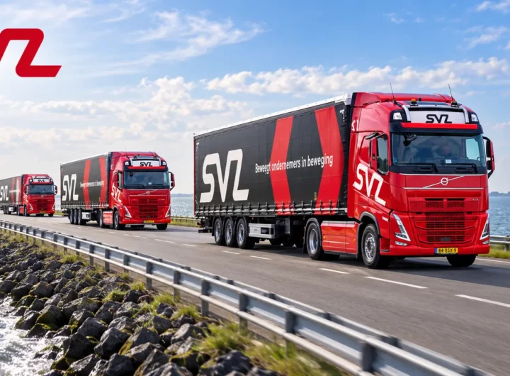 Vrachtwagens op de Houtribdijk tussen Enkhuizen en Lelystad, die vanaf 21 oktober gesloten wordt voor zwaar vrachtverkeer.