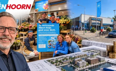 Albert Heijn aan de Van Dedemstraat in Hoorn met medewerkers, het logo van ÉénHoorn en fractievoorzitter André van Beusekom.