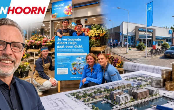 Albert Heijn aan de Van Dedemstraat in Hoorn met medewerkers, het logo van ÉénHoorn en fractievoorzitter André van Beusekom.