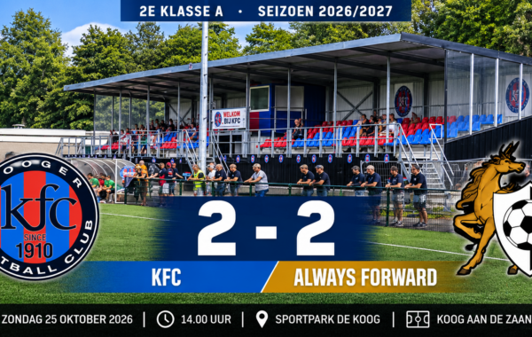 Always Forward uit Hoorn speelt op Sportpark De Koog in Koog aan de Zaan met 2-2 gelijk tegen KFC in de tweede klasse A