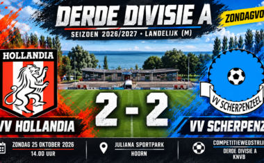 HVV Hollandia speelt op 25 oktober 2026 met 2-2 gelijk tegen VV Scherpenzeel op het Juliana Sportpark in Hoorn.