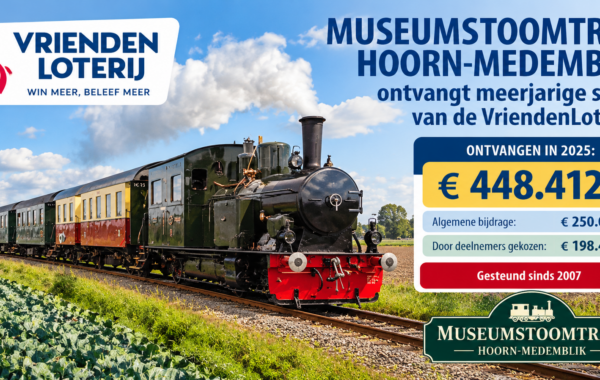 Historische Museumstoomtram Hoorn-Medemblik krijgt meerjarige financiële steun van de VriendenLoterij, die in 2025 in totaal 448.412 euro beschikbaar stelde.