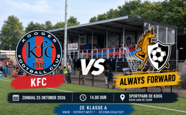 KFC ontvangt Always Forward op Sportpark De Koog in Koog aan de Zaan voor een competitiewedstrijd in de tweede klasse A.