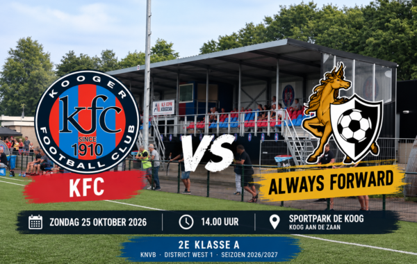 KFC ontvangt Always Forward op Sportpark De Koog in Koog aan de Zaan voor een competitiewedstrijd in de tweede klasse A.