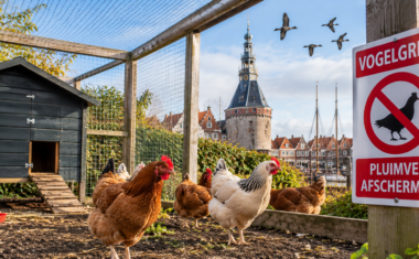 Kippen in een afgeschermde buitenren in de gemeente Hoorn, waar hobbyhouders hun pluimvee moeten beschermen tegen vogelgriep.