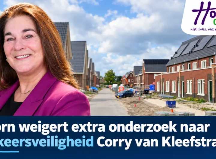 Corry van Kleefstraat in de Hoornse wijk Bangert en Oosterpolder, waar vragen zijn gesteld over verkeersveiligheid en snelheid.