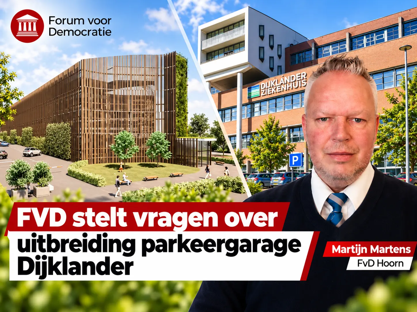 Parkeergarage bij het Dijklander Ziekenhuis in Hoorn, waar FVD vragen stelt over de uitbreiding en parkeerdruk.