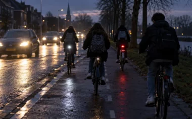 Scholieren fietsen tijdens een donkere winterochtend door West-Friesland terwijl automobilisten door regen, duisternis en slechte fietsverlichting moeite hebben hen tijdig te zien.