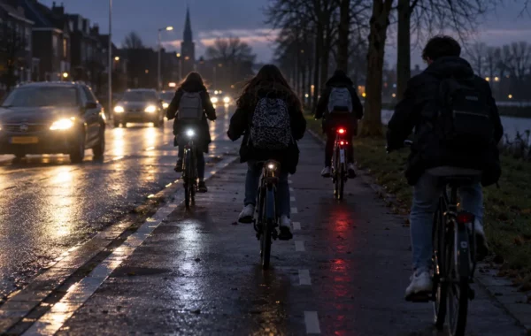 Scholieren fietsen tijdens een donkere winterochtend door West-Friesland terwijl automobilisten door regen, duisternis en slechte fietsverlichting moeite hebben hen tijdig te zien.