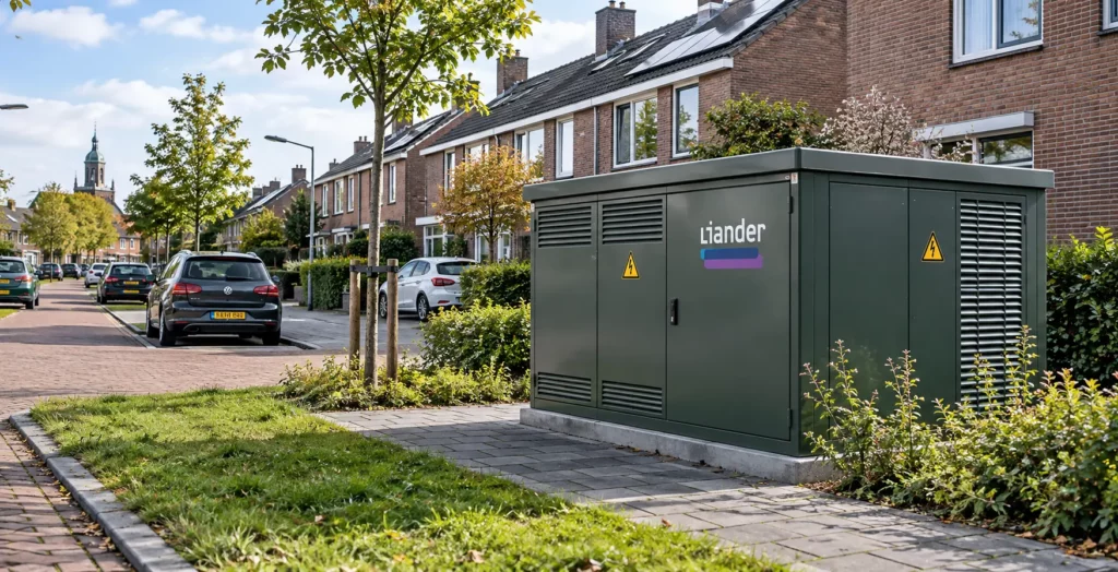 Transformatorstation van netbeheerder Liander in een woonwijk voor de uitbreiding van het elektriciteitsnet in Hoorn.
