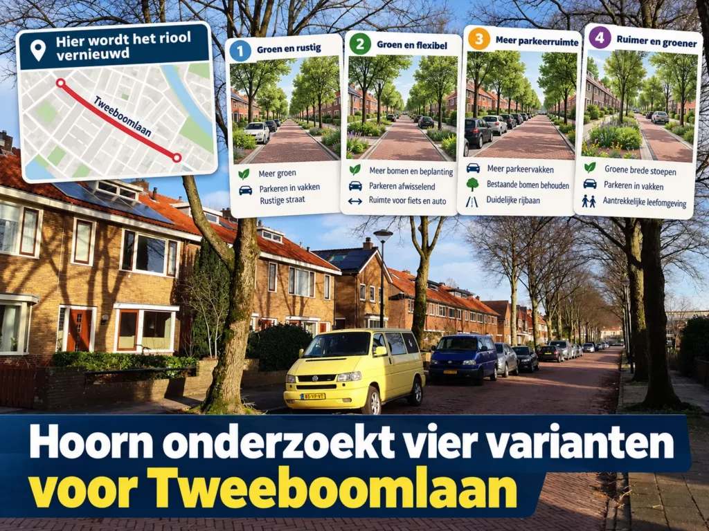 Tweeboomlaan in Hoorn waar de gemeente het riool wil vernieuwen en vier nieuwe inrichtingsvarianten onderzoekt