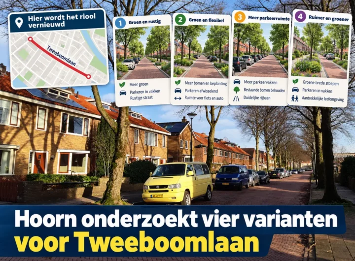 Tweeboomlaan in Hoorn waar de gemeente het riool wil vernieuwen en vier nieuwe inrichtingsvarianten onderzoekt