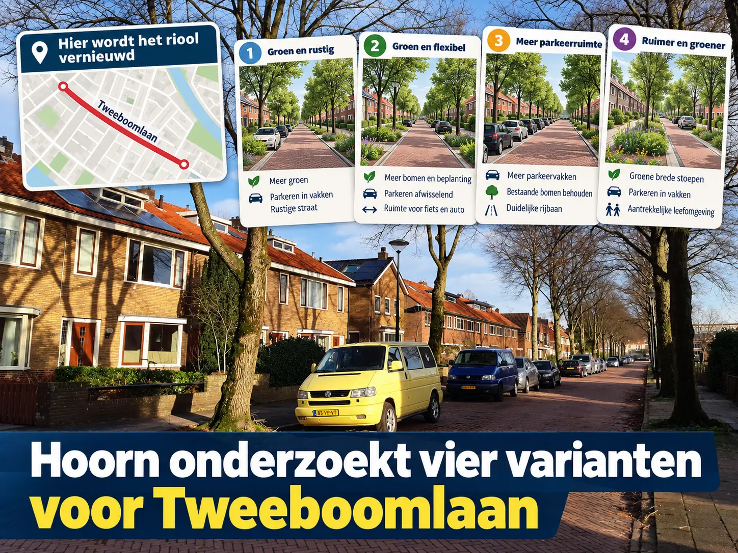 Tweeboomlaan in Hoorn waar de gemeente het riool wil vernieuwen en vier nieuwe inrichtingsvarianten onderzoekt