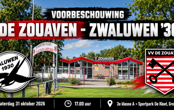 Voorbeschouwing VV De Zouaven tegen HCSV Zwaluwen '30 op zaterdag 31 oktober 2026 om 17.00 uur op Sportpark De Kloet in Grootebroek.