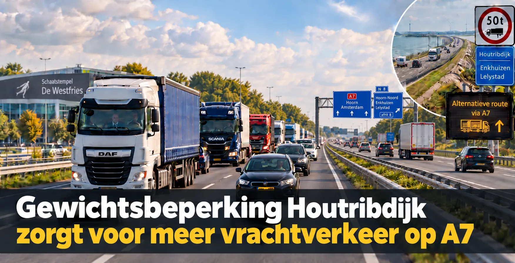 Vrachtverkeer op de A7 bij Hoorn neemt toe door de gewichtsbeperking op de Houtribdijk.