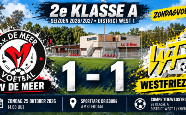 Westfriezen speelt op 25 oktober 2026 met 1-1 gelijk tegen koploper SV De Meer op Sportpark Drieburg in Amsterdam.