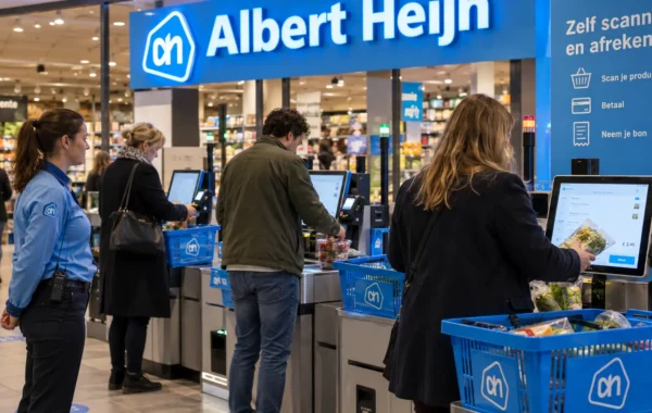 Zelfscankassa in een supermarkt waar klanten zelf hun boodschappen scannen terwijl een medewerker toezicht houdt.