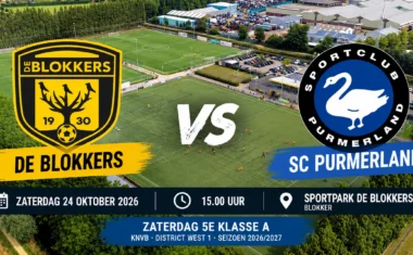 De Blokkers ontvangt SC Purmerland op Sportpark de Blokkers voor een competitiewedstrijd in de zaterdag vijfde klasse A.