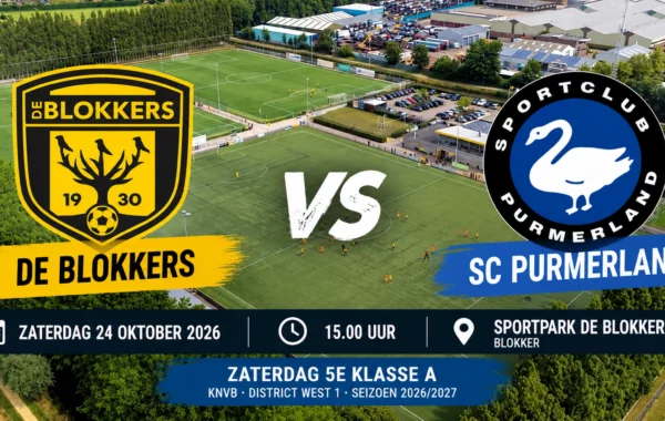 De Blokkers ontvangt SC Purmerland op Sportpark de Blokkers voor een competitiewedstrijd in de zaterdag vijfde klasse A.